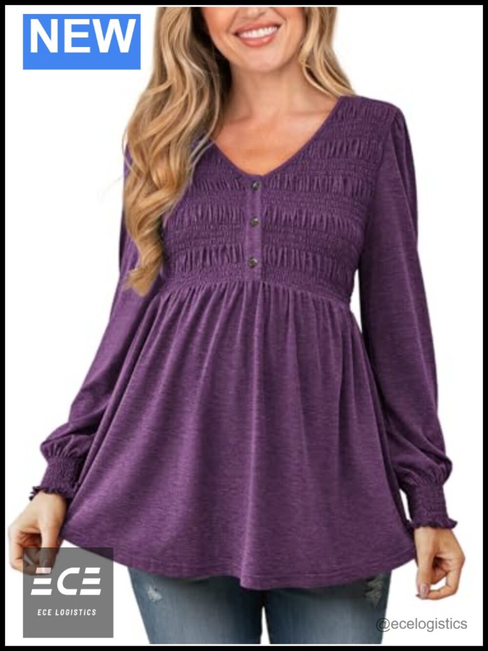 Maternity Puff Sleeve Smocked Button V-Neck Tunic Blouse